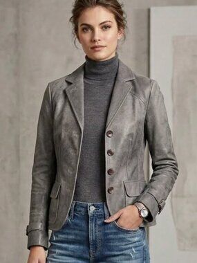 Stylish and figure flattering DANIER Vintage Grey Leather Blazer Jacket